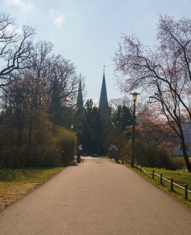 A Path Leads To The Church With Spire