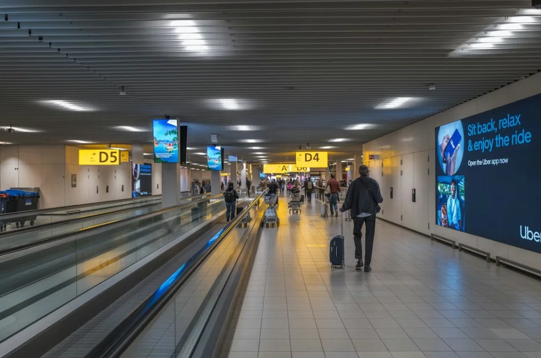 Pasajeros caminando por la terminal del aeropuerto hacia las puertas de embarque