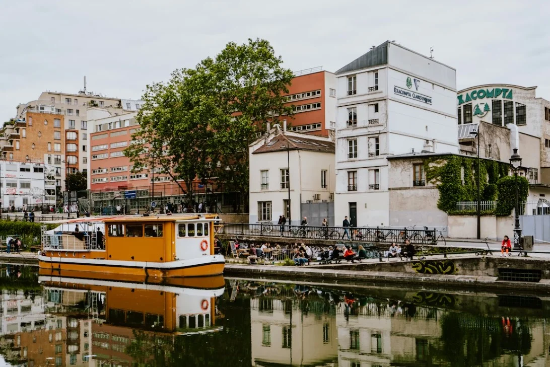 Canal Saint Martin in Paris with bridges and cafes