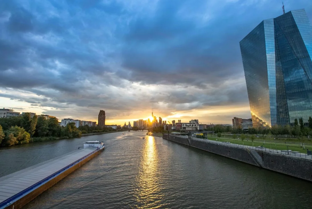 Frankfurt skyline at sunset with reflections on the Main River