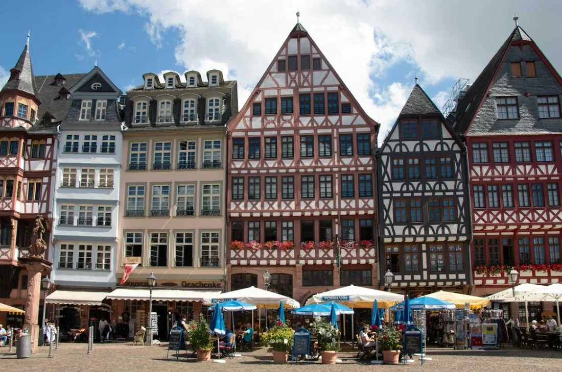 Frankfurt Old Town at Römerberg square with historic buildings and cafes