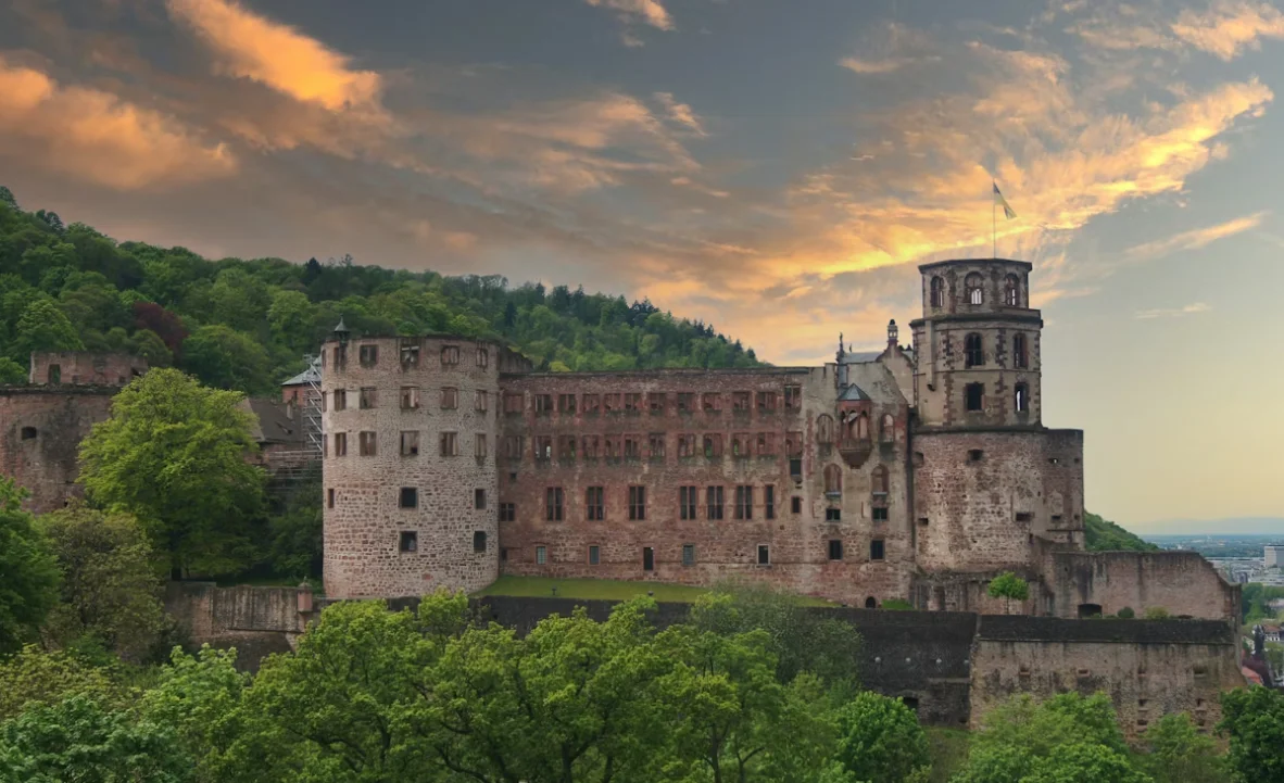 Heidelberg Castle ruins overlooking old town and Neckar River
