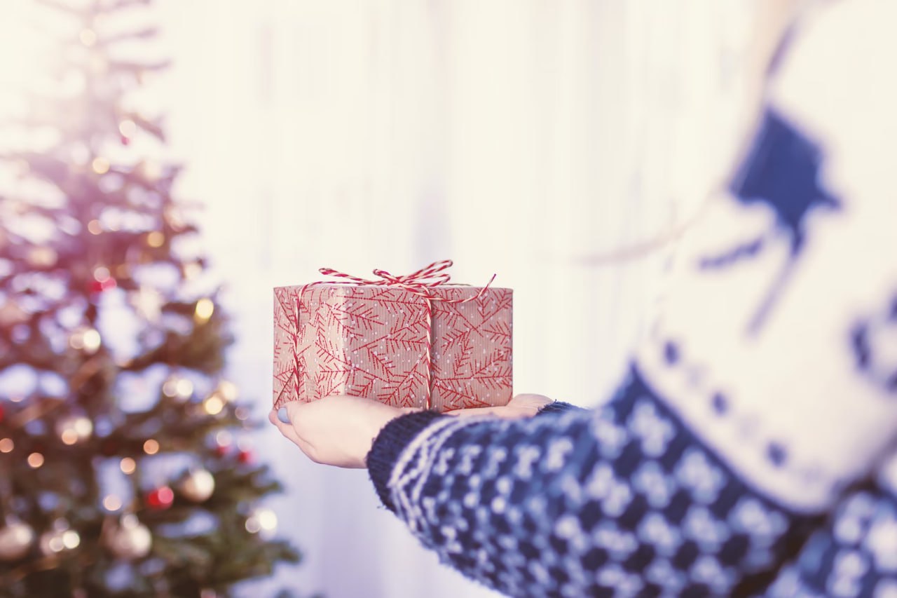 person_holding_red_and_brown_gift_box_infront_of_christmas_tree_inside_the_room