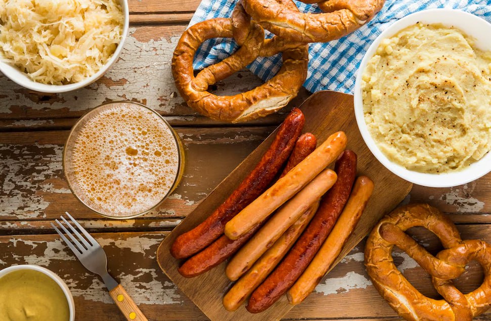 Top View Sausages With Pretzels Beer